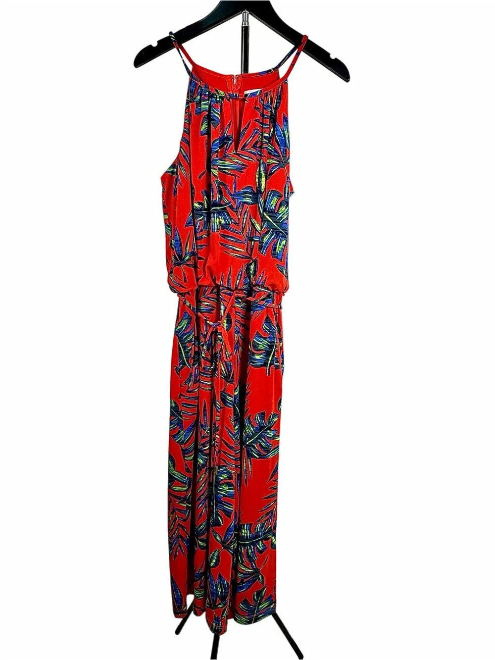 London Times Tropical Palm Print Halter Jumpsuit Red Blue Green Size 8